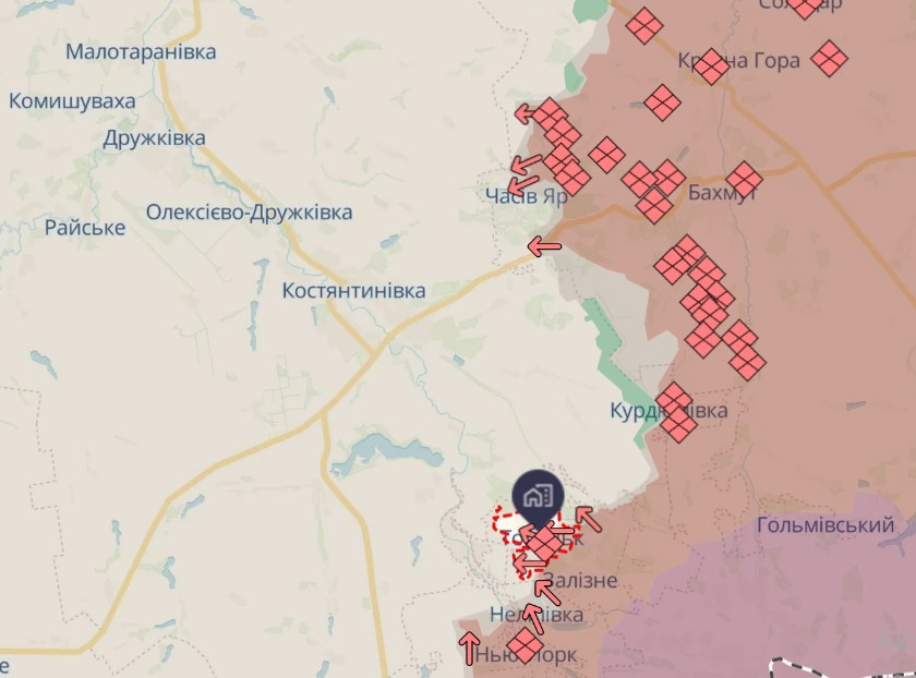 Бойові дії в районі Торецька (знизу), та Часового Яру. Дані DeepState, 6 грудня 2024 року