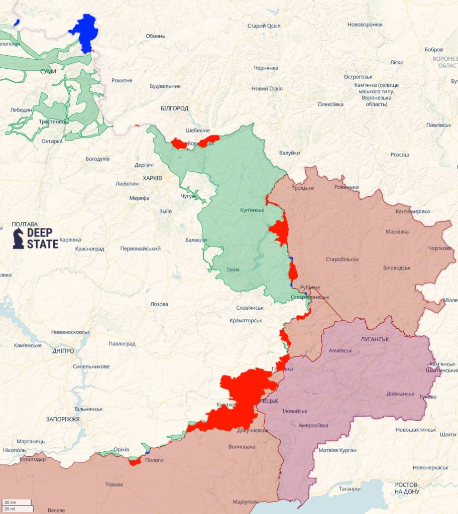 За даними DeepStat, 2024 року Україна втратила контроль над 3313 км² території України (понад 2600 кв. км Донеччини). Водночас ЗСУ контролює 493 км² на території РФ (Курська область)